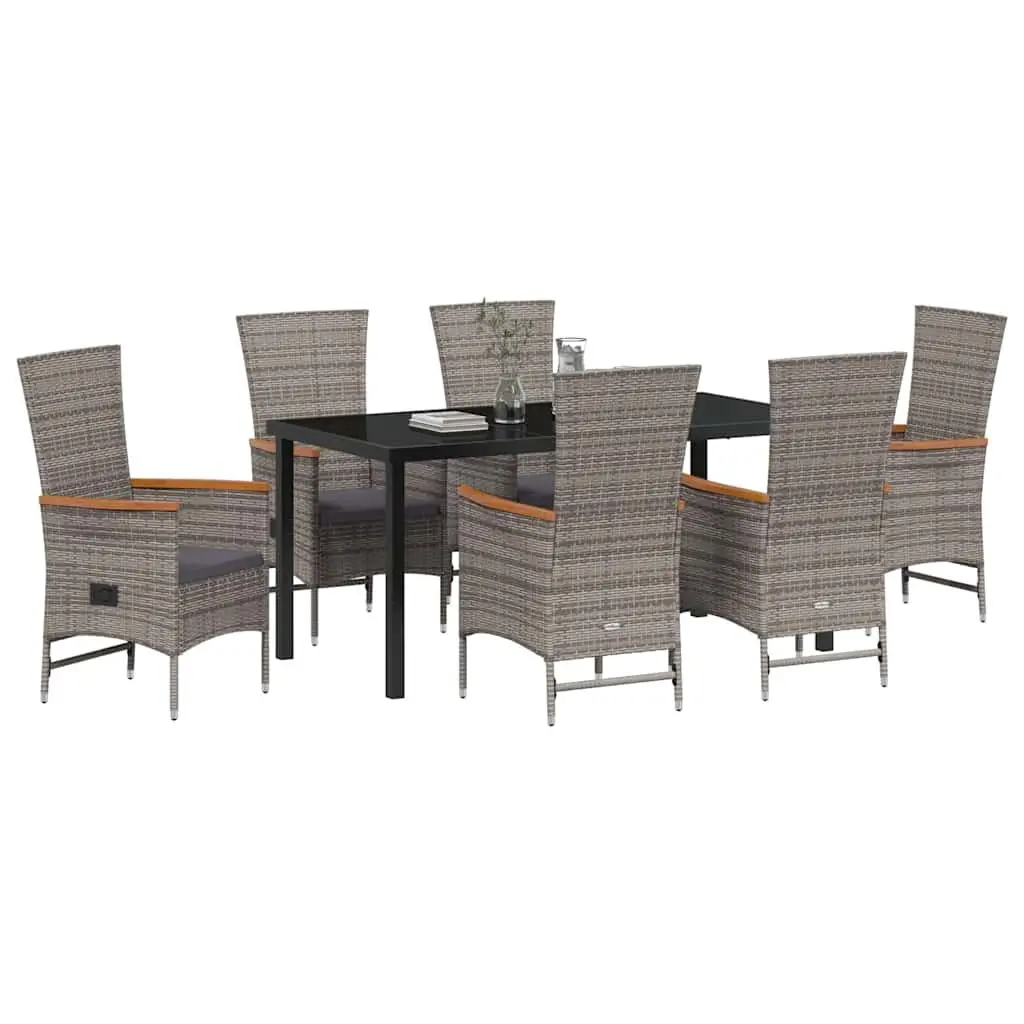 Outdoor Dining Set 7 Piece Grey Rattan Steel Furniture Glass Table Reclining Chairs