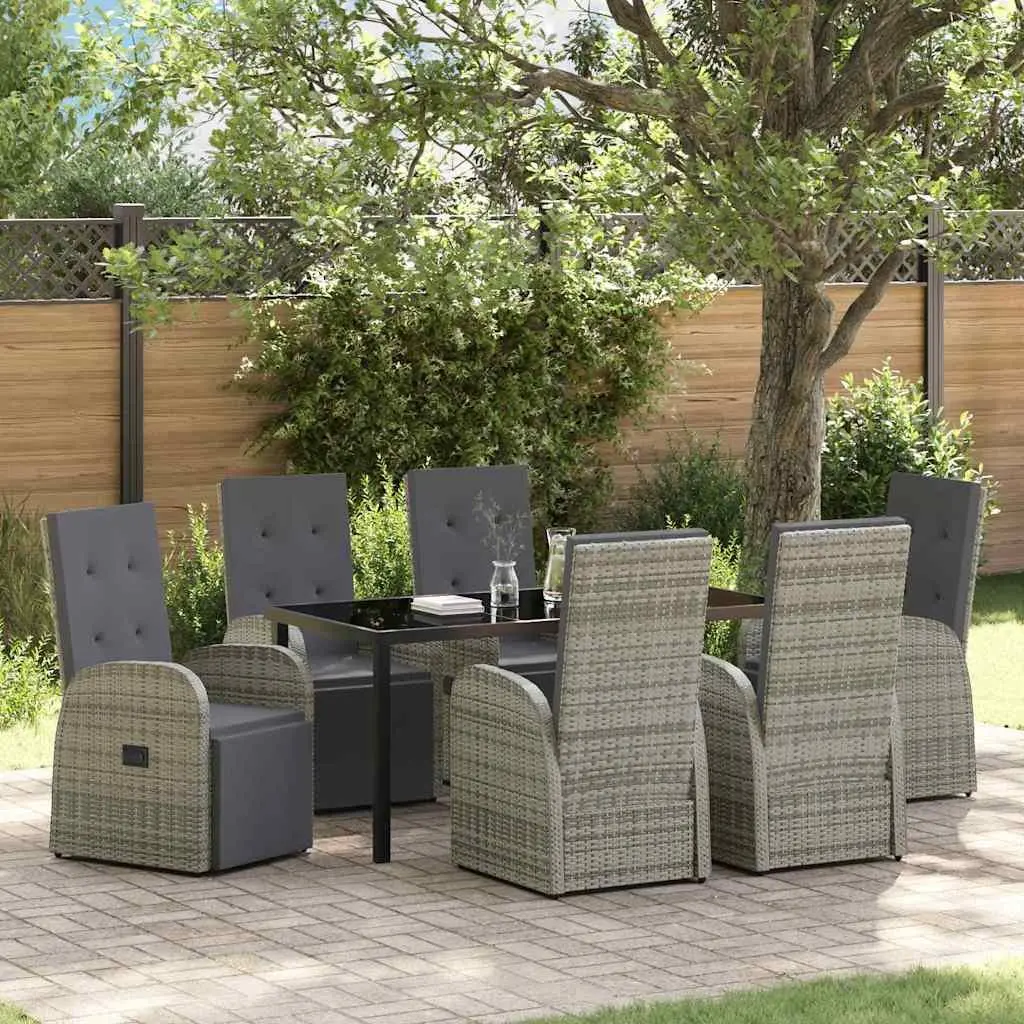 Outdoor Furniture Set 7 Piece Grey Poly Rattan Dining Table Chairs with Weather Resistant Cushions and Adjustable Backrests