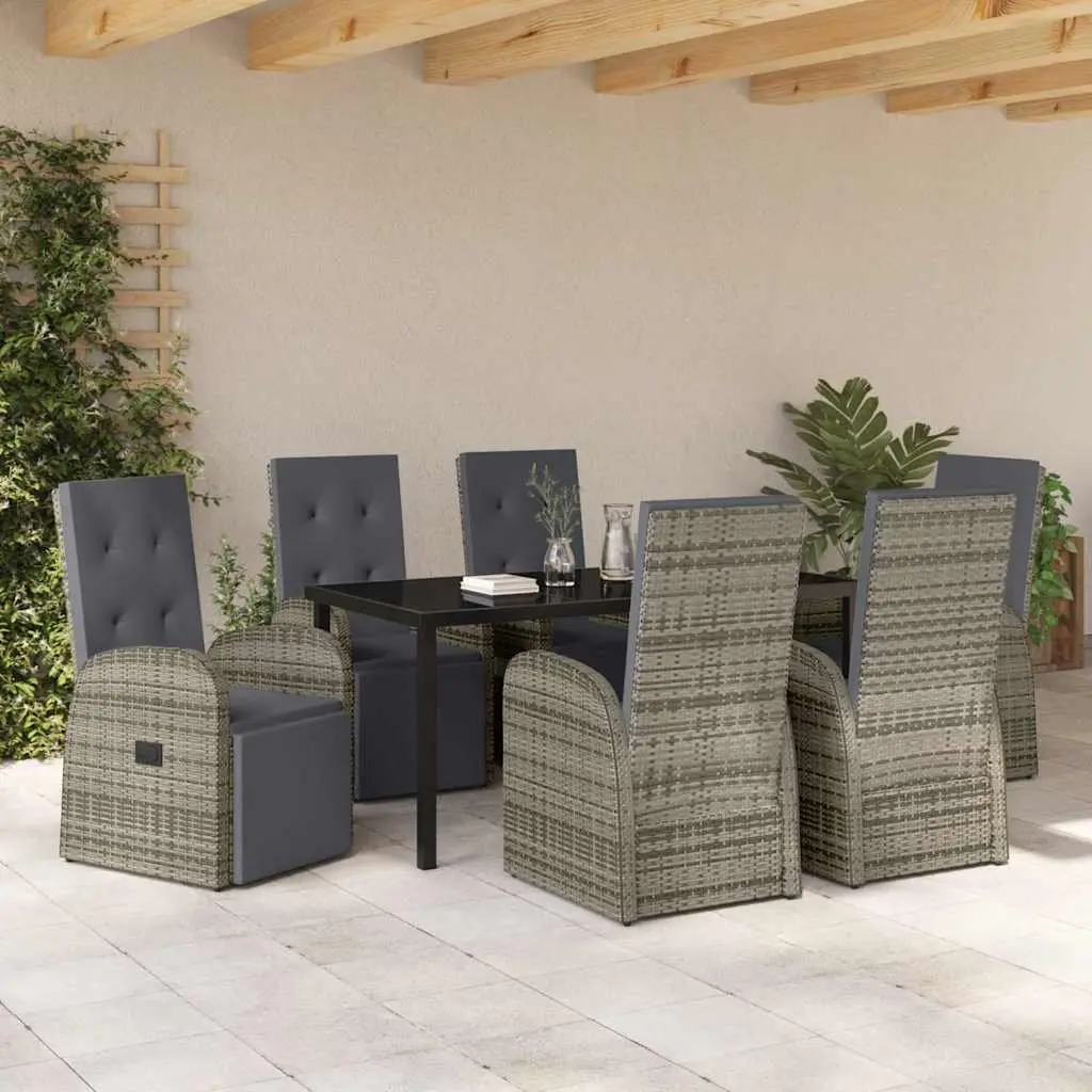 Outdoor Furniture Set 7 Piece Grey Poly Rattan Dining Table Chairs with Weather Resistant Cushions and Adjustable Backrests