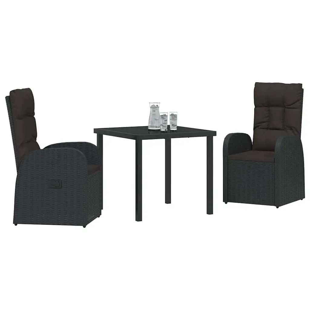 Outdoor Dining Set Black Rattan 3 Piece Garden Furniture with Tempered Glass