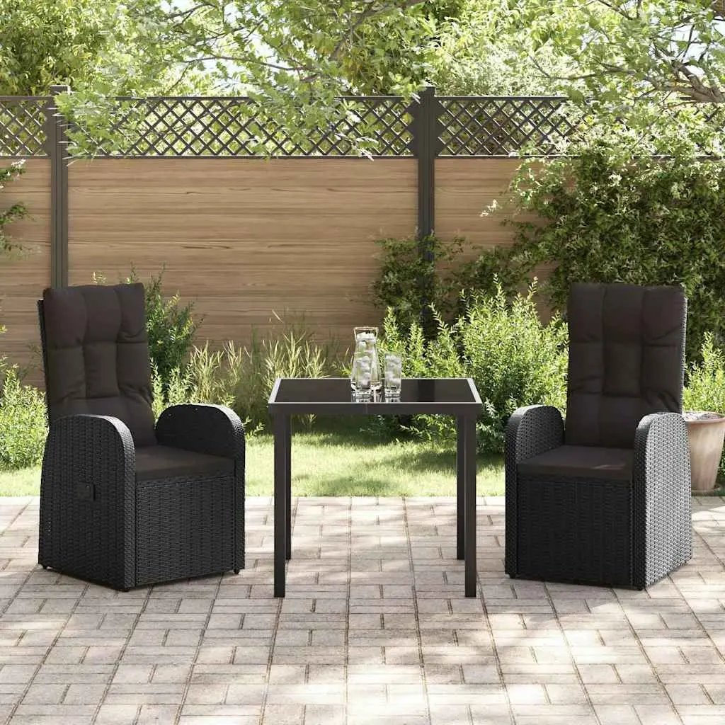 Outdoor Dining Set Black Rattan 3 Piece Garden Furniture with Tempered Glass