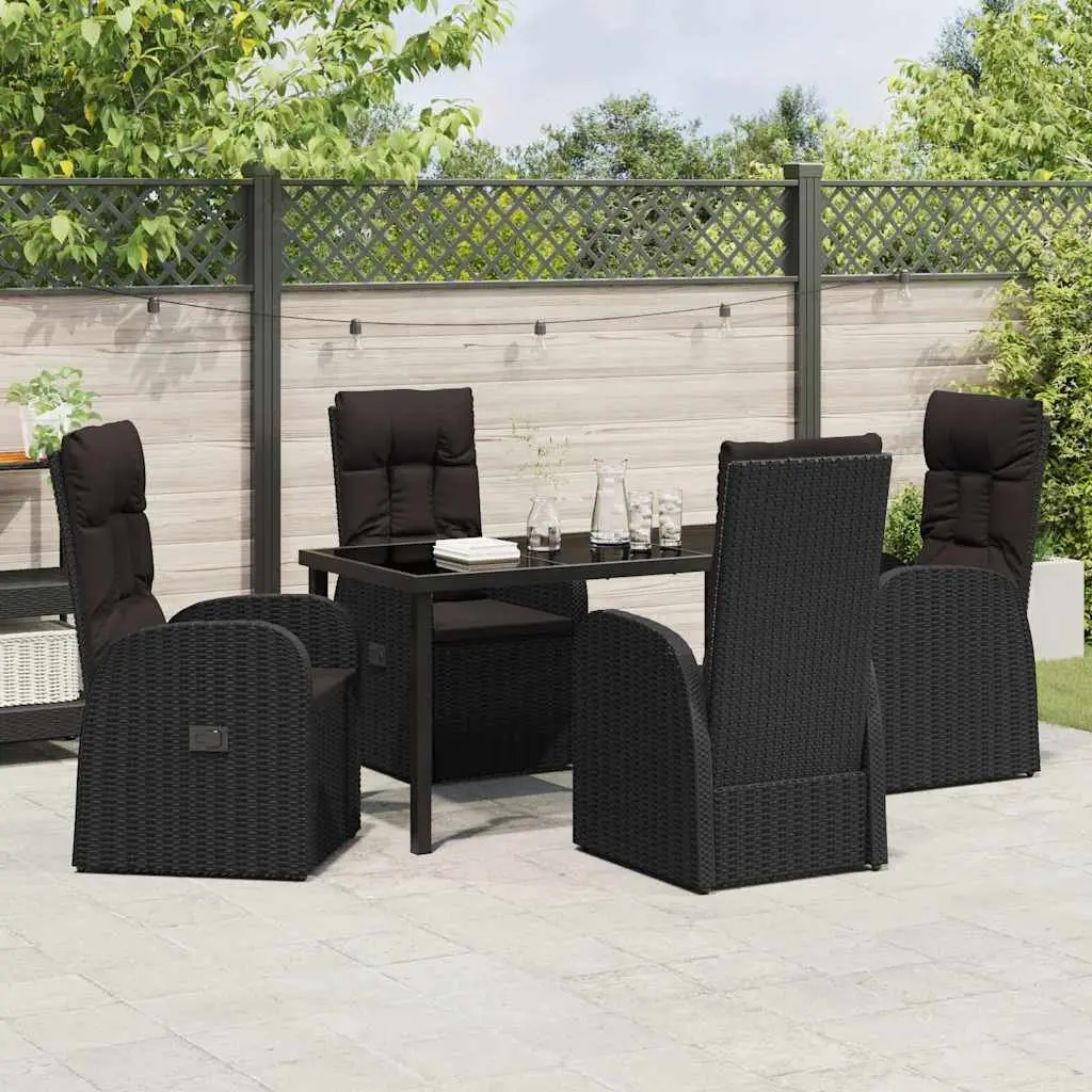 Garden Dining Set 5 Pieces Black Poly Rattan Adjustable Backrest Table and Chairs