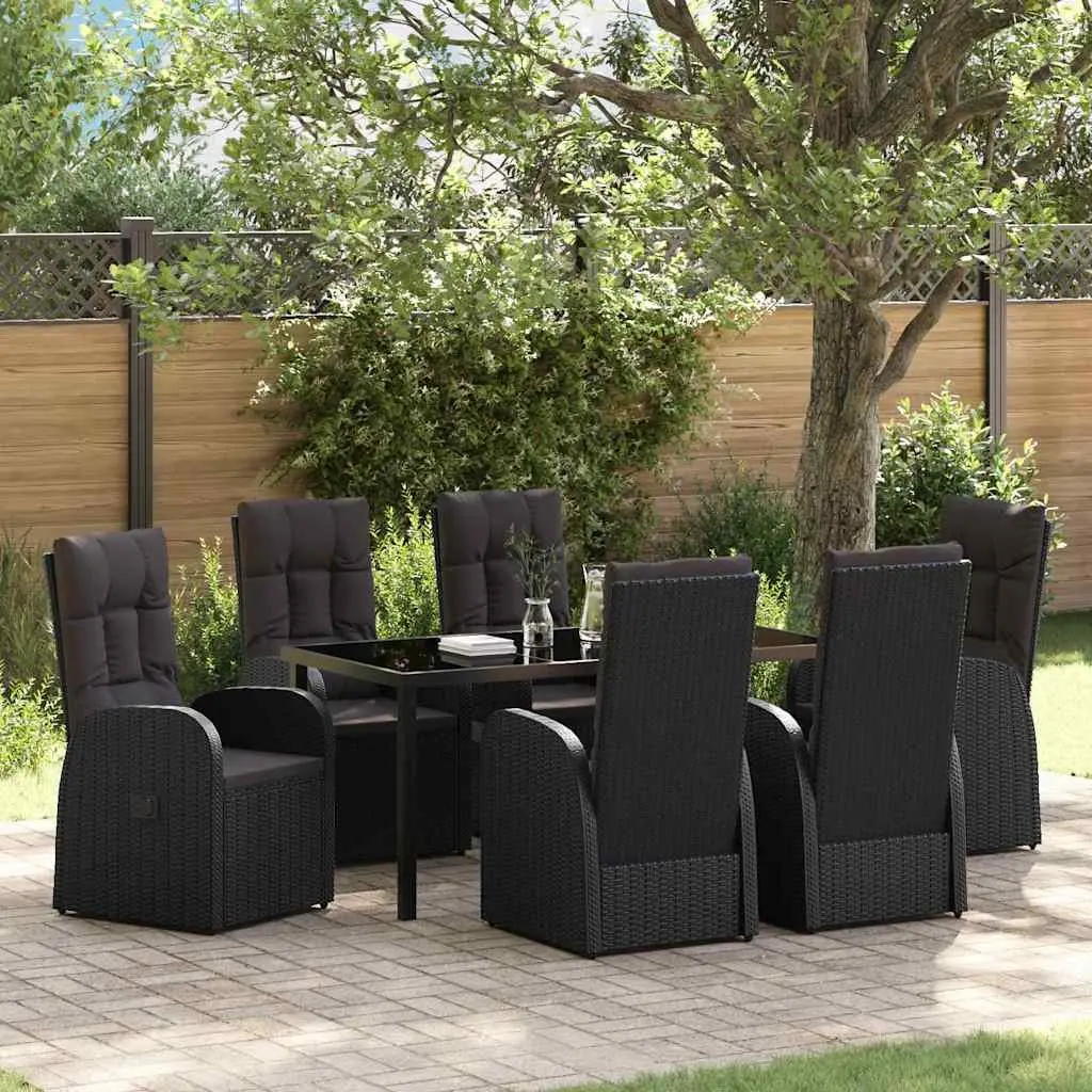 7 Piece Garden Dining Set Black Poly Rattan Outdoor Furniture with Tempered