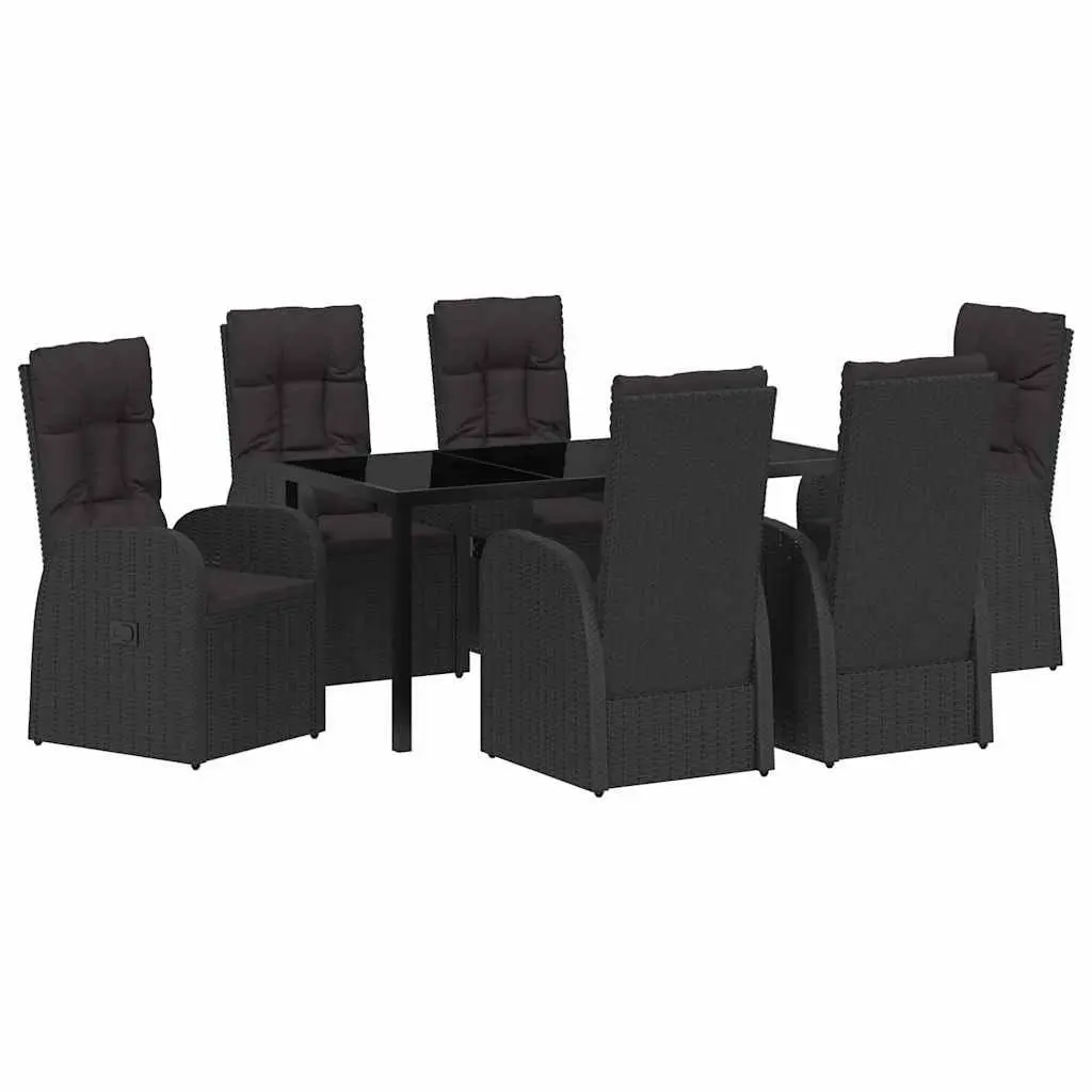 7 Piece Garden Dining Set Black Poly Rattan Outdoor Furniture with Tempered