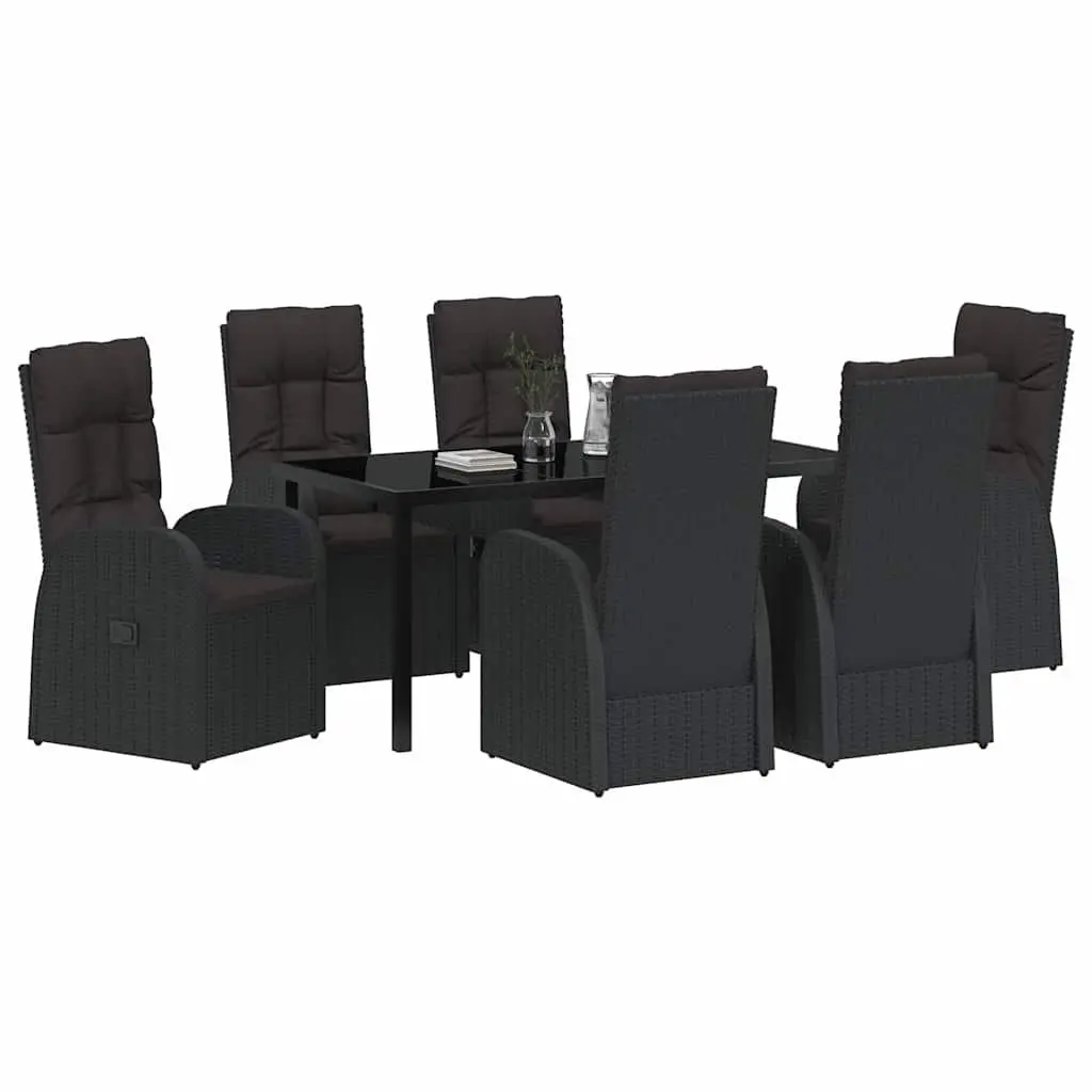 7 Piece Garden Dining Set Black Poly Rattan Outdoor Furniture with Tempered