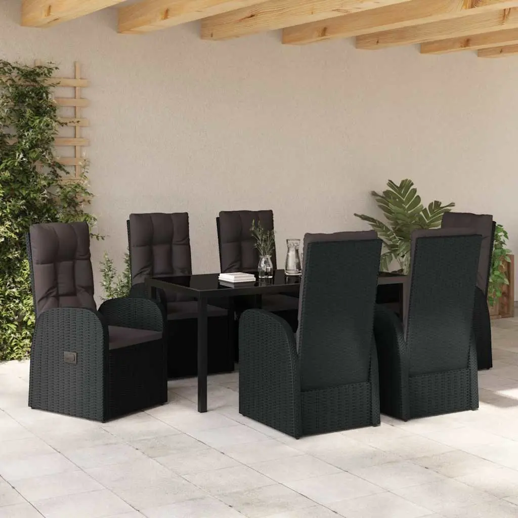 7 Piece Garden Dining Set Black Poly Rattan Outdoor Furniture with Tempered