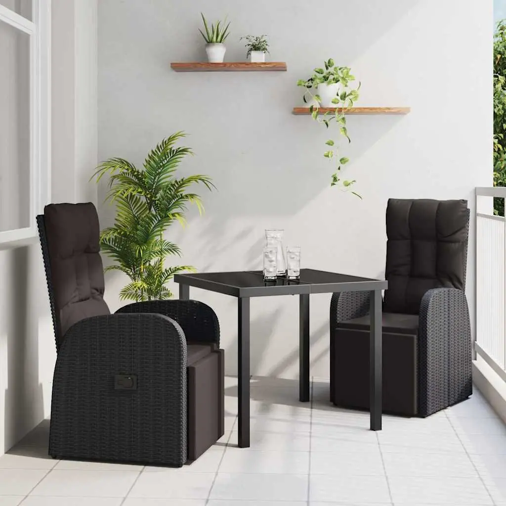 Outdoor Garden Dining Set 3 Piece Black Poly Rattan Chairs Table with Cushion
