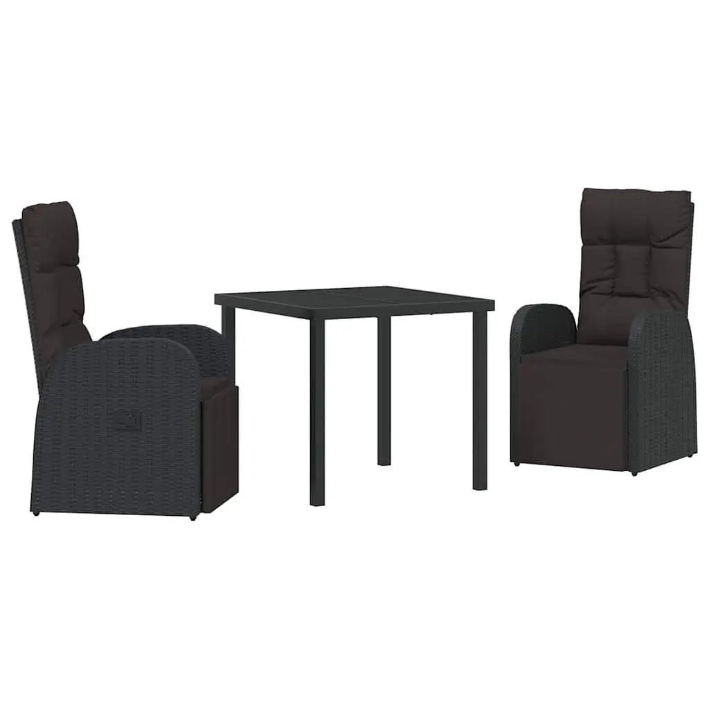 Outdoor Garden Dining Set 3 Piece Black Poly Rattan Chairs Table with Cushion