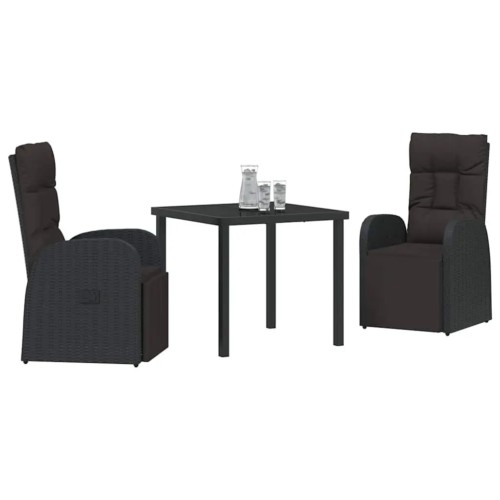 Outdoor Garden Dining Set 3 Piece Black Poly Rattan Chairs Table with Cushion