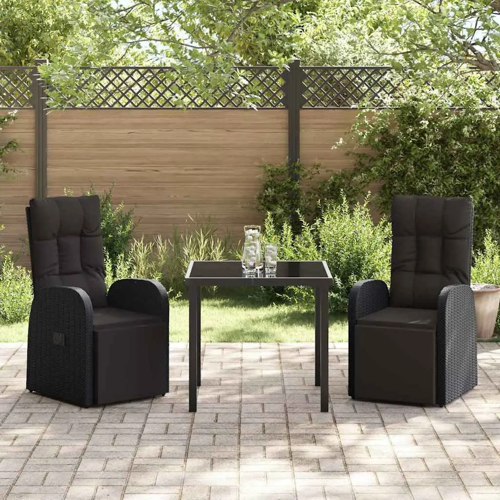 Outdoor Garden Dining Set 3 Piece Black Poly Rattan Chairs Table with Cushion