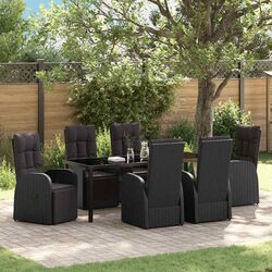 Outdoor Garden Dining Set 7 Pieces Black Poly Rattan Chairs Table with Tempered