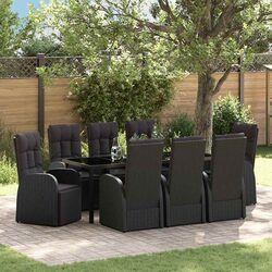 Garden Dining Set 9 Pieces Black Outdoor Furniture with Tempered Glass Table