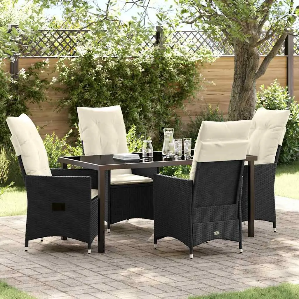Outdoor Garden Dining Set 5 Piece Black Poly Rattan Patio Furniture with Adjustable Backrests and Removable Cushion Covers