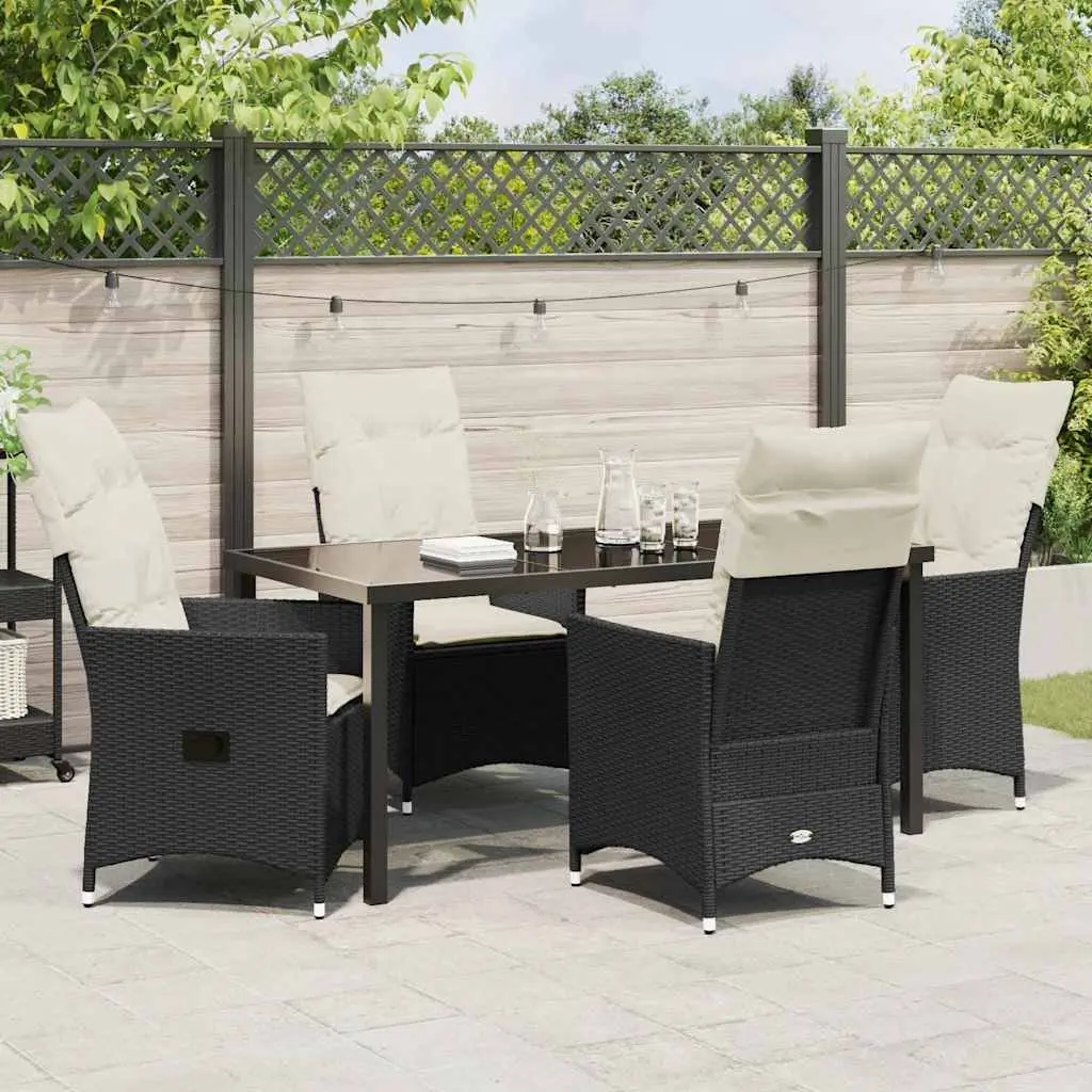 Outdoor Garden Dining Set 5 Piece Black Poly Rattan Patio Furniture with Adjustable Backrests and Removable Cushion Covers