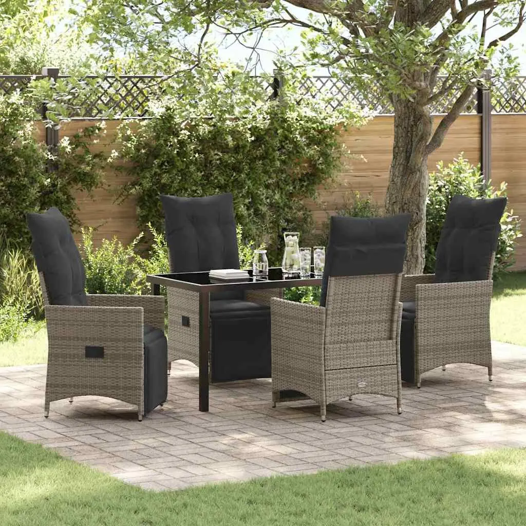 5 Piece Patio Dining Set Grey Poly Rattan Outdoor Furniture with Cushions
