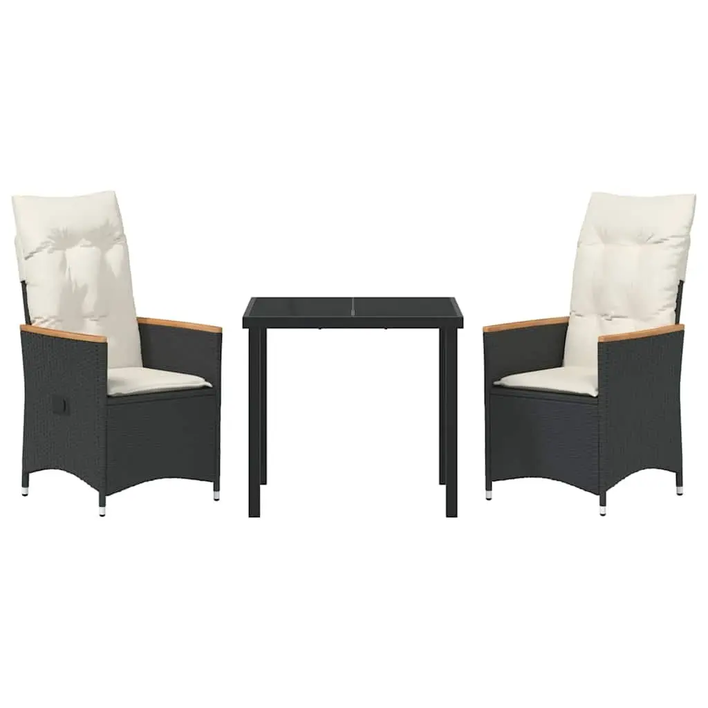3-Piece Black Poly Rattan Garden Dining Set Outdoor Furniture with Cushions