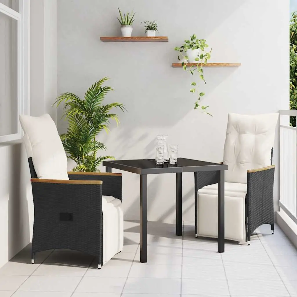 Outdoor Furniture Set 3 Piece Black Poly Rattan Dining Set with Cushions and Tempered Glass Table for Garden Patio and Terrace