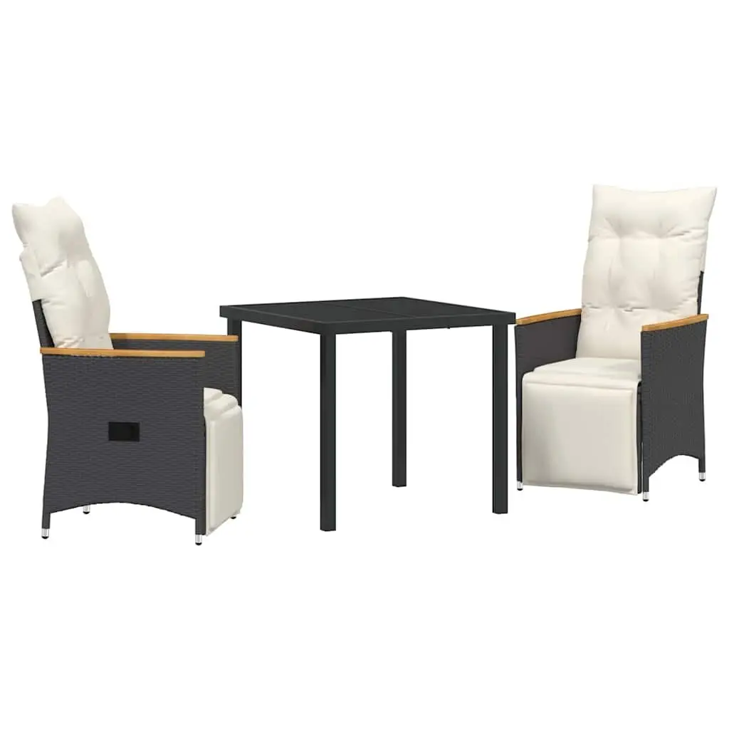 Outdoor Furniture Set 3 Piece Black Poly Rattan Dining Set with Cushions and Tempered Glass Table for Garden Patio and Terrace