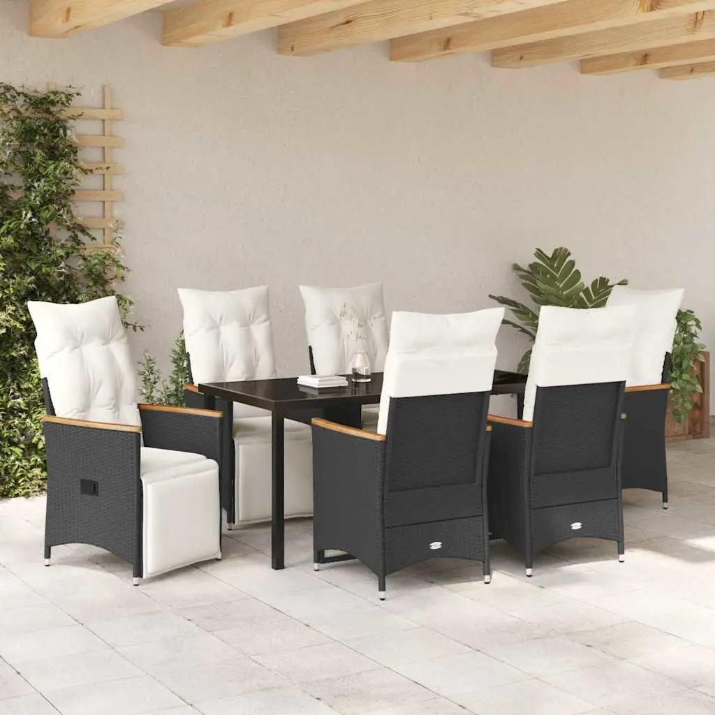 Outdoor Dining Set Black Poly Rattan 7 Piece Garden Furniture with Cushions