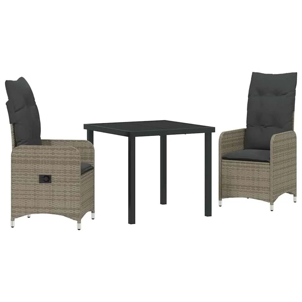 Garden Dining Set 3 Piece Outdoor Furniture Grey Rattan Steel Frame Tempered Glass Top