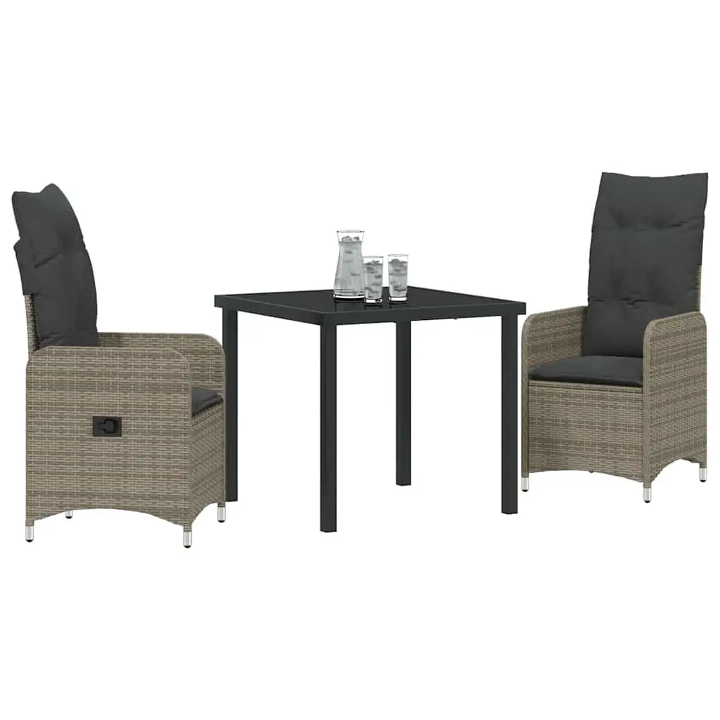 Garden Dining Set 3 Piece Outdoor Furniture Grey Rattan Steel Frame Tempered Glass Top