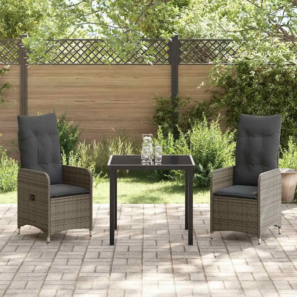Garden Dining Set 3 Piece Outdoor Furniture Grey Rattan Steel Frame Tempered Glass Top