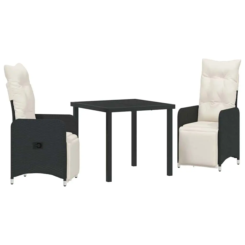 Garden Dining Set Cushioned Chairs Black Poly Rattan 3 Pieces