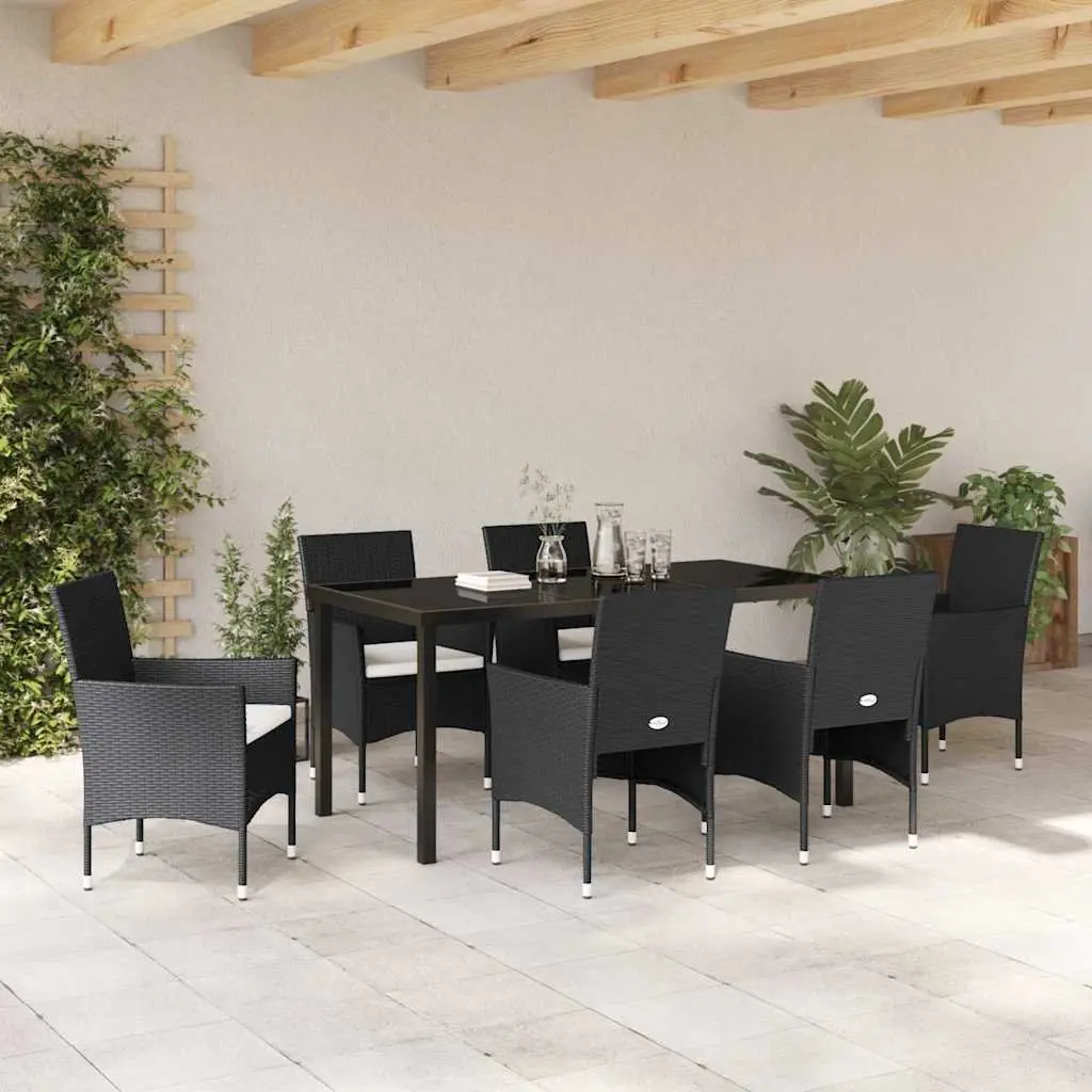 7 Piece Black Poly Rattan Outdoor Dining Furniture Set with Cushions for Patios Balconies and Gardens