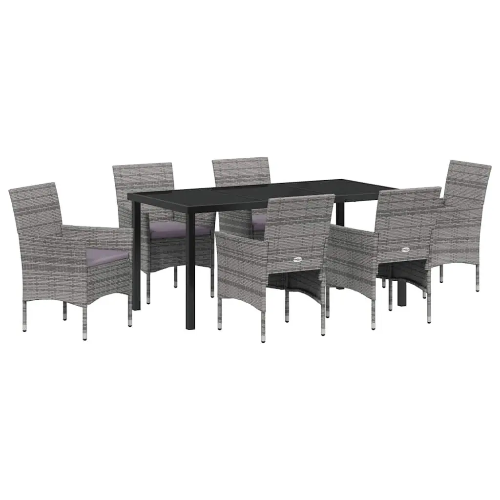 Outdoor Dining Set Grey 7 Piece Garden Furniture with Cushions and Glass Top Table