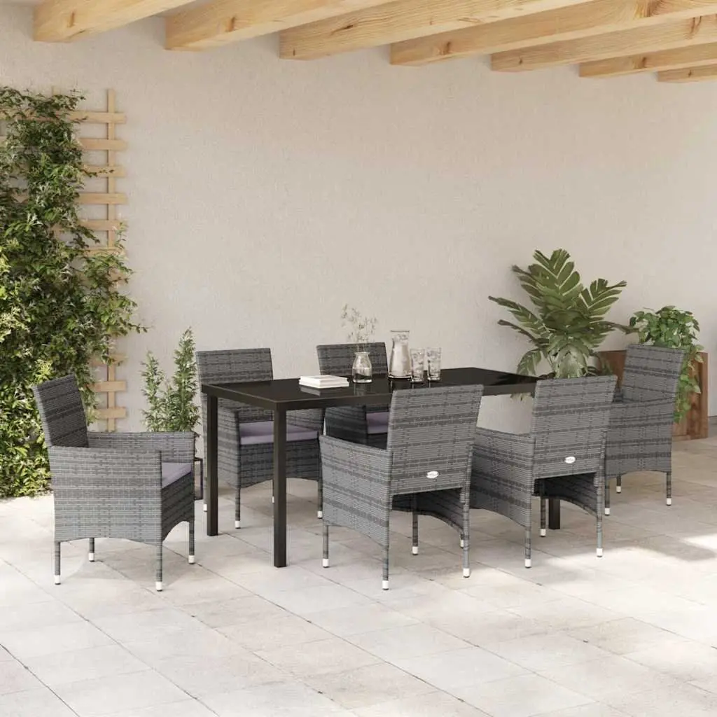Outdoor Dining Set Grey 7 Piece Garden Furniture with Cushions and Glass Top Table