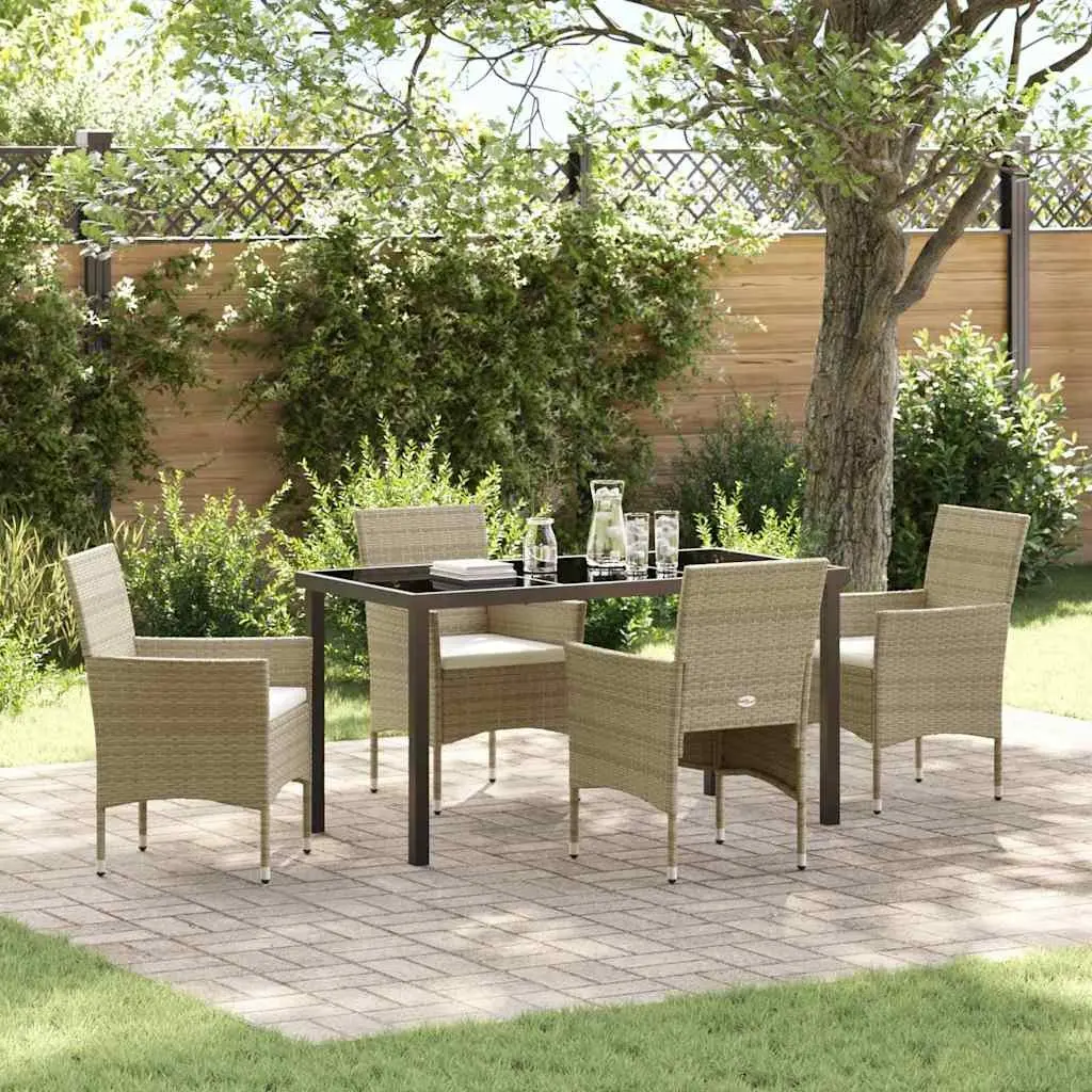 5PieceOutdoorDiningSetBeigePolyRattanTableWeatherResistantCushions