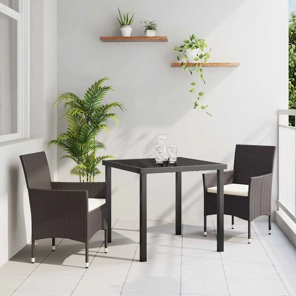Outdoor Dining Set 3 Piece Modern Furniture with Cushions Brown Poly Rattan and Tempered Glass Table for Patios and Gardens