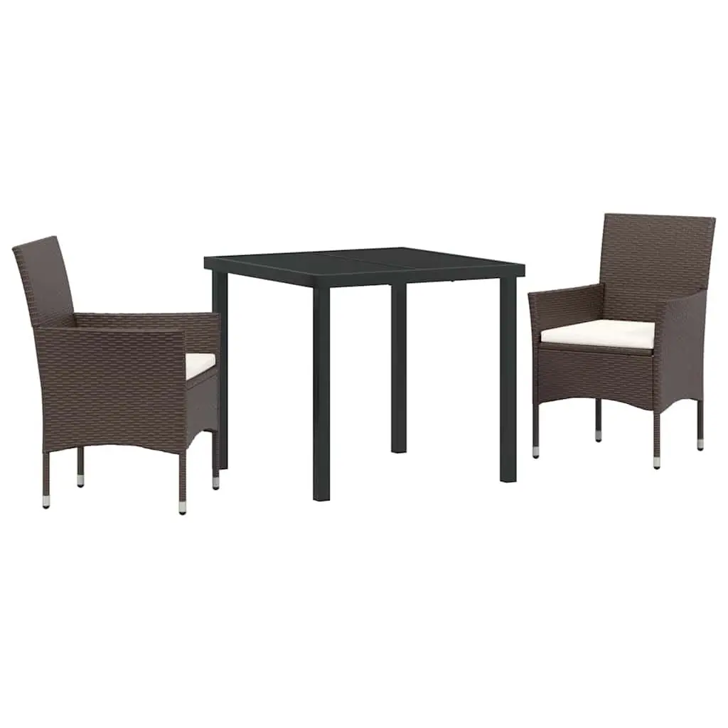Outdoor Dining Set 3 Piece Modern Furniture with Cushions Brown Poly Rattan and Tempered Glass Table for Patios and Gardens