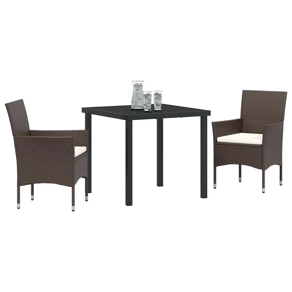 Outdoor Dining Set 3 Piece Modern Furniture with Cushions Brown Poly Rattan and Tempered Glass Table for Patios and Gardens