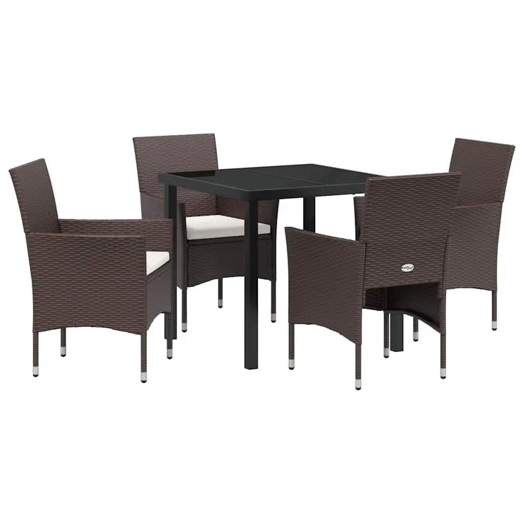 Outdoor Garden Dining Set Modern Brown Poly Rattan 5 Piece with Tempered Glass Table and Cushioned Chairs