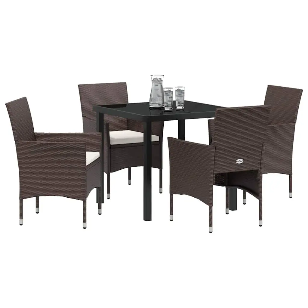 Outdoor Garden Dining Set Modern Brown Poly Rattan 5 Piece with Tempered Glass Table and Cushioned Chairs