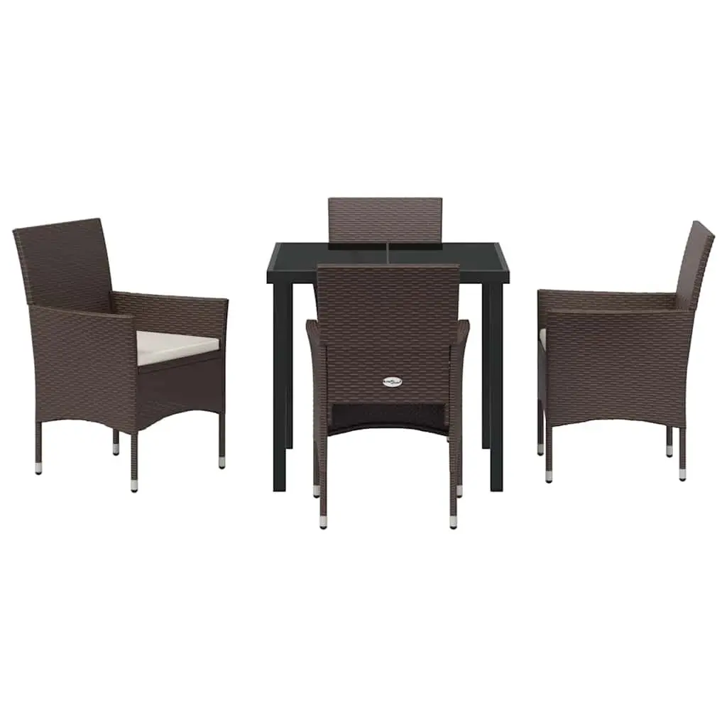 Outdoor Garden Dining Set Modern Brown Poly Rattan 5 Piece with Tempered Glass Table and Cushioned Chairs