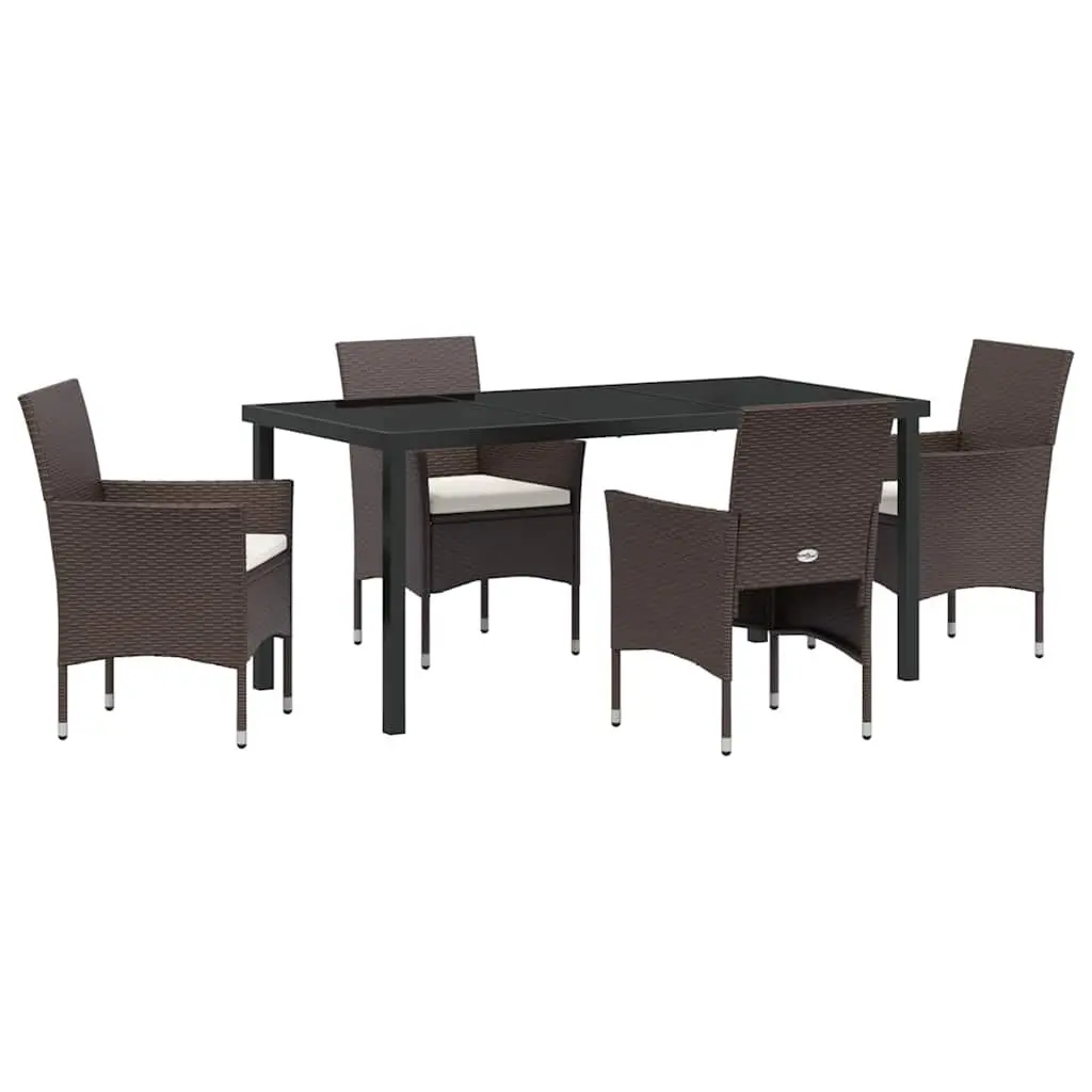 Garden Dining Set 5 Piece Outdoor Furniture Poly Rattan Brown Tempered Glass Table