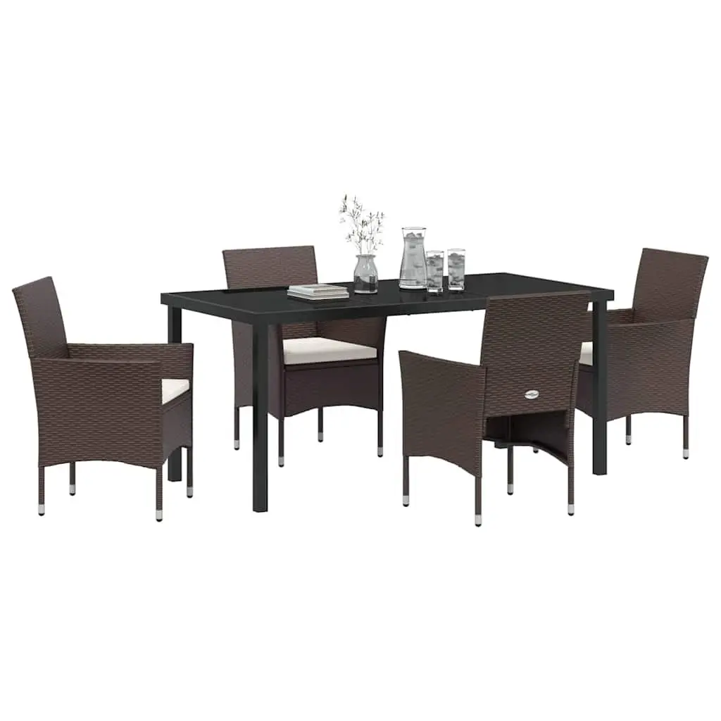 Garden Dining Set 5 Piece Outdoor Furniture Poly Rattan Brown Tempered Glass Table