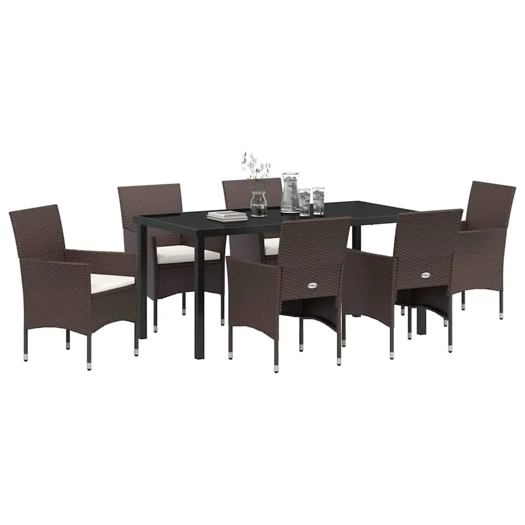 Outdoor Furniture Set 7 Piece Dining Brown Poly Rattan Tempered Glass Table