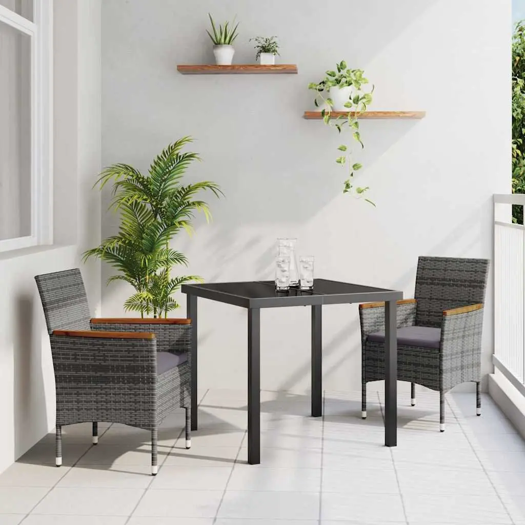 Garden Dining Set Modern Style 3 Pieces Grey Poly Rattan Glass Table