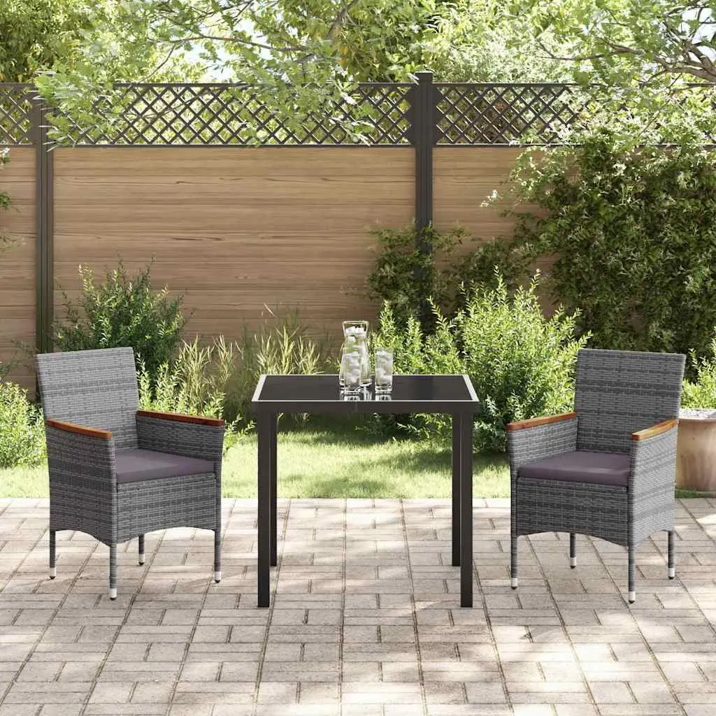 Garden Dining Set Modern Style 3 Pieces Grey Poly Rattan Glass Table