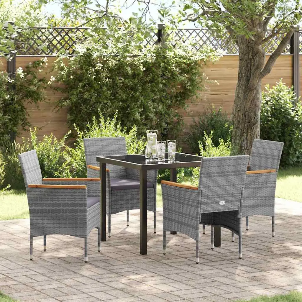 Garden Dining Set 5 pcs Outdoor Patio Furniture Grey Poly Rattan Glass Table