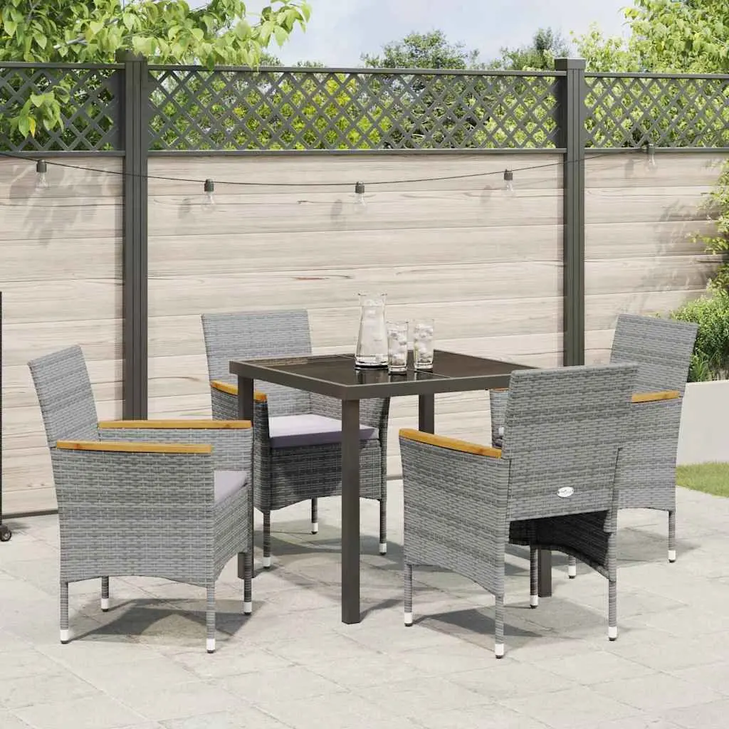 Garden Dining Set 5 pcs Outdoor Patio Furniture Grey Poly Rattan Glass Table