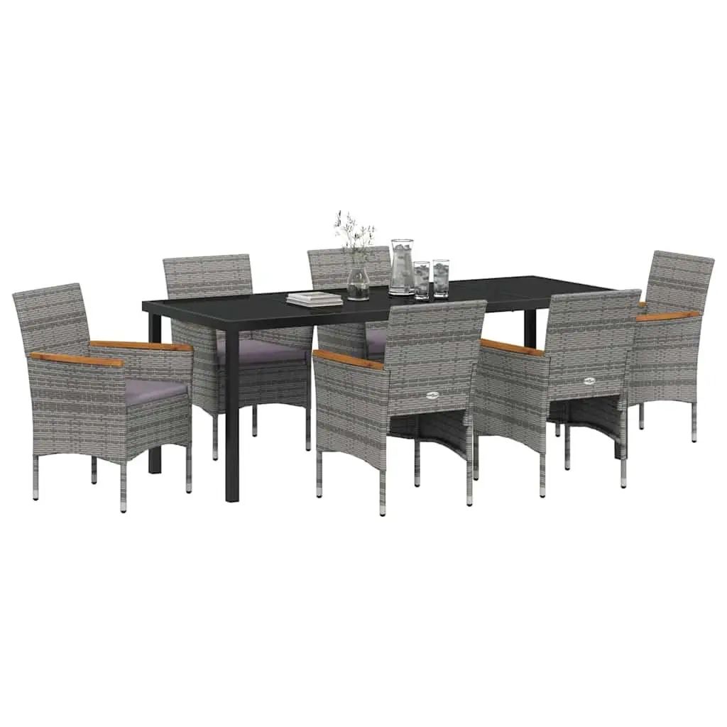 Garden Dining Set 7pcs Outdoor Patio Furniture Grey Poly Rattan Glass Table