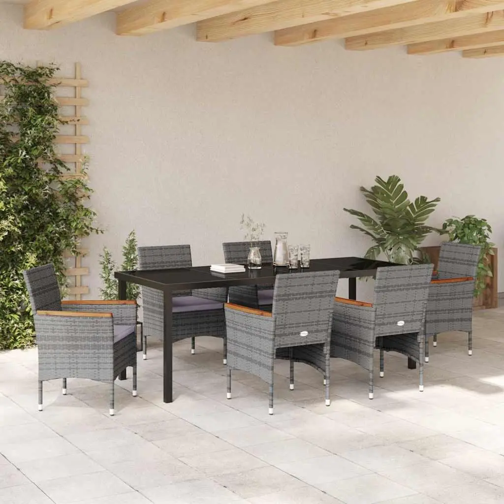 Garden Dining Set 7pcs Outdoor Patio Furniture Grey Poly Rattan Glass Table