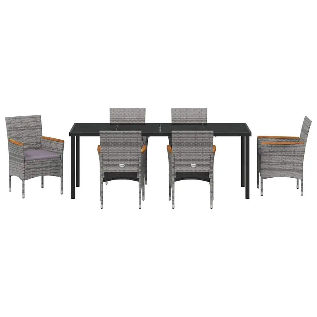 Garden Dining Set 7pcs Outdoor Patio Furniture Grey Poly Rattan Glass Table