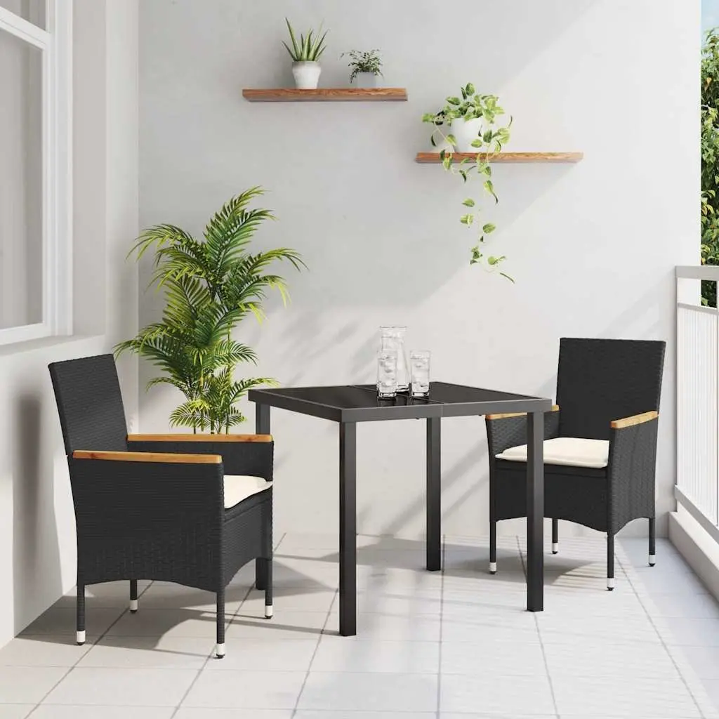 Garden Dining Set Black Poly Rattan 3 Pieces Outdoor Furniture with Cushions