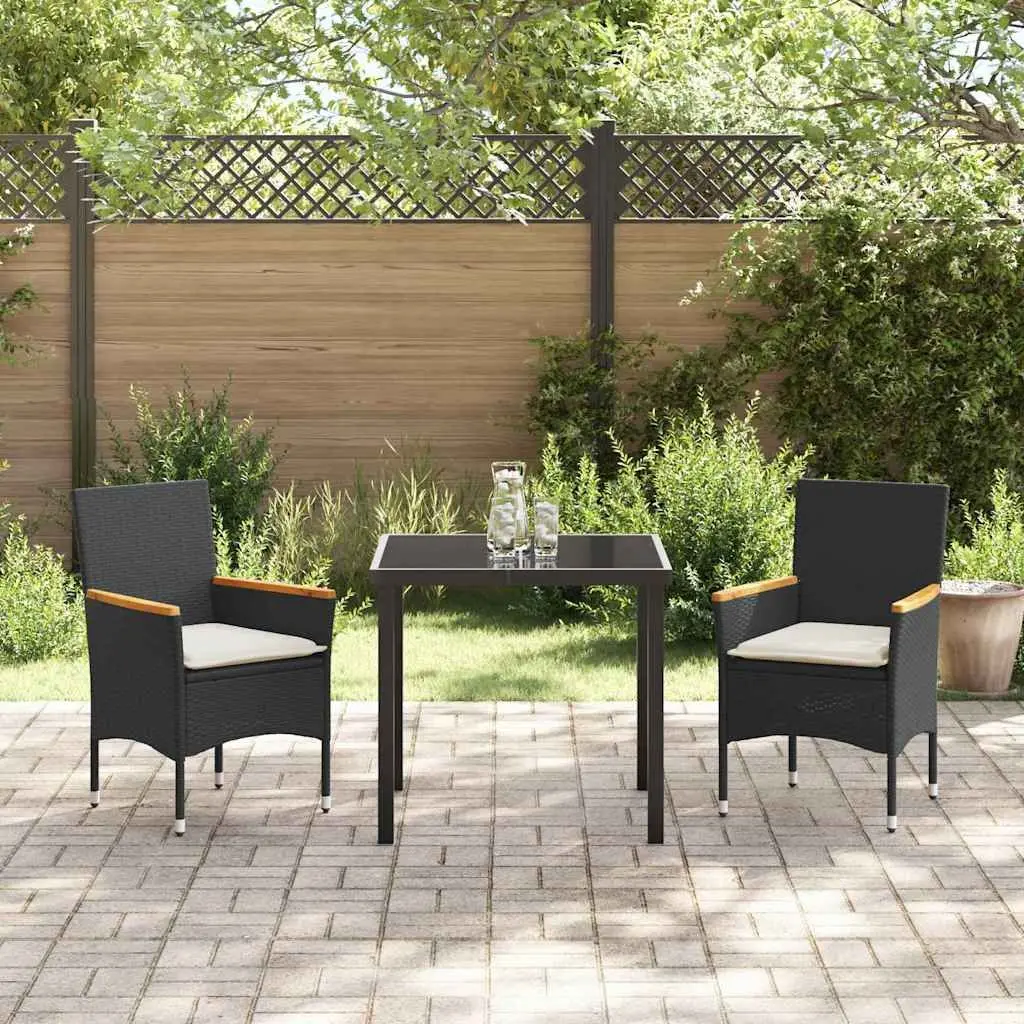 Garden Dining Set Black Poly Rattan 3 Pieces Outdoor Furniture with Cushions