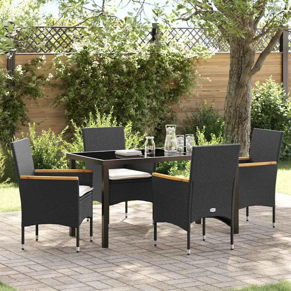 Garden Dining Set Black Poly Rattan with Cushion Tempered Glass Table 5 Piece